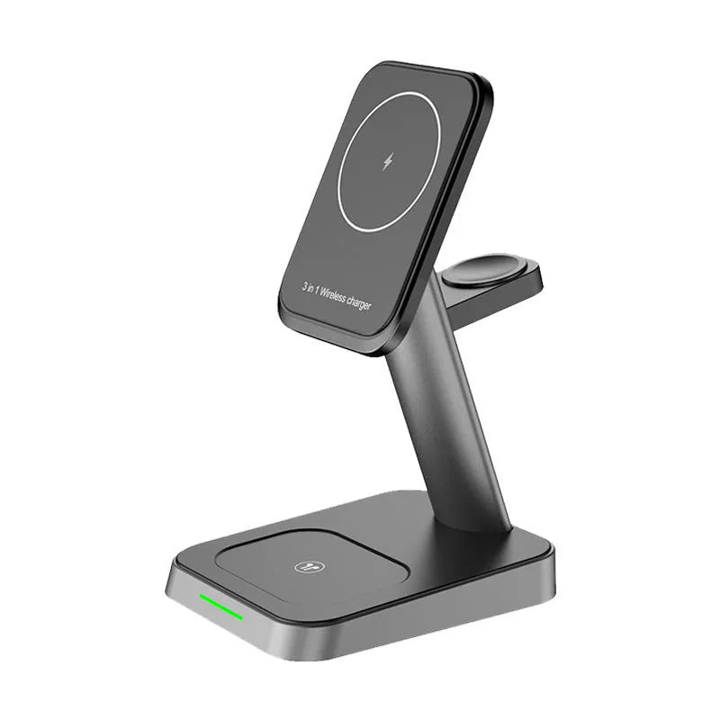 Black vertical wireless charger with phone stand and watch charging pad showing 10000mAh power bank