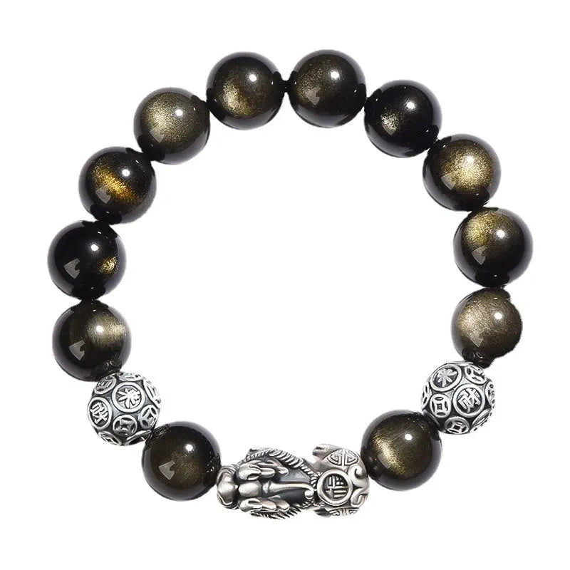 Men's geometric obsidian bracelet with leather-textured sterling silver details in 10mm, 12mm or 14mm sizes