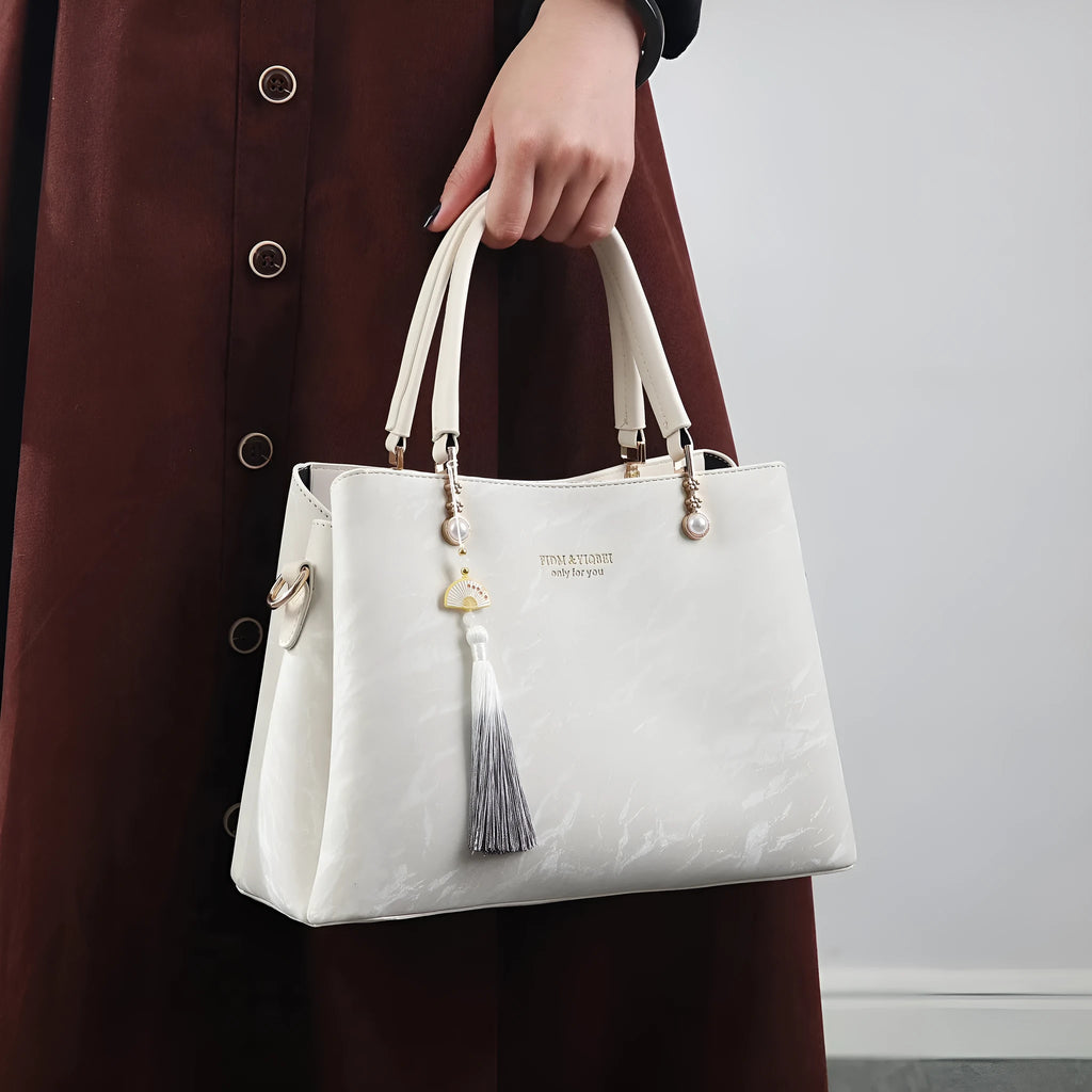 Fashion handheld versatile large capacity women's bag in PU leather, urban simplicity style, colour beige, with slit pocket