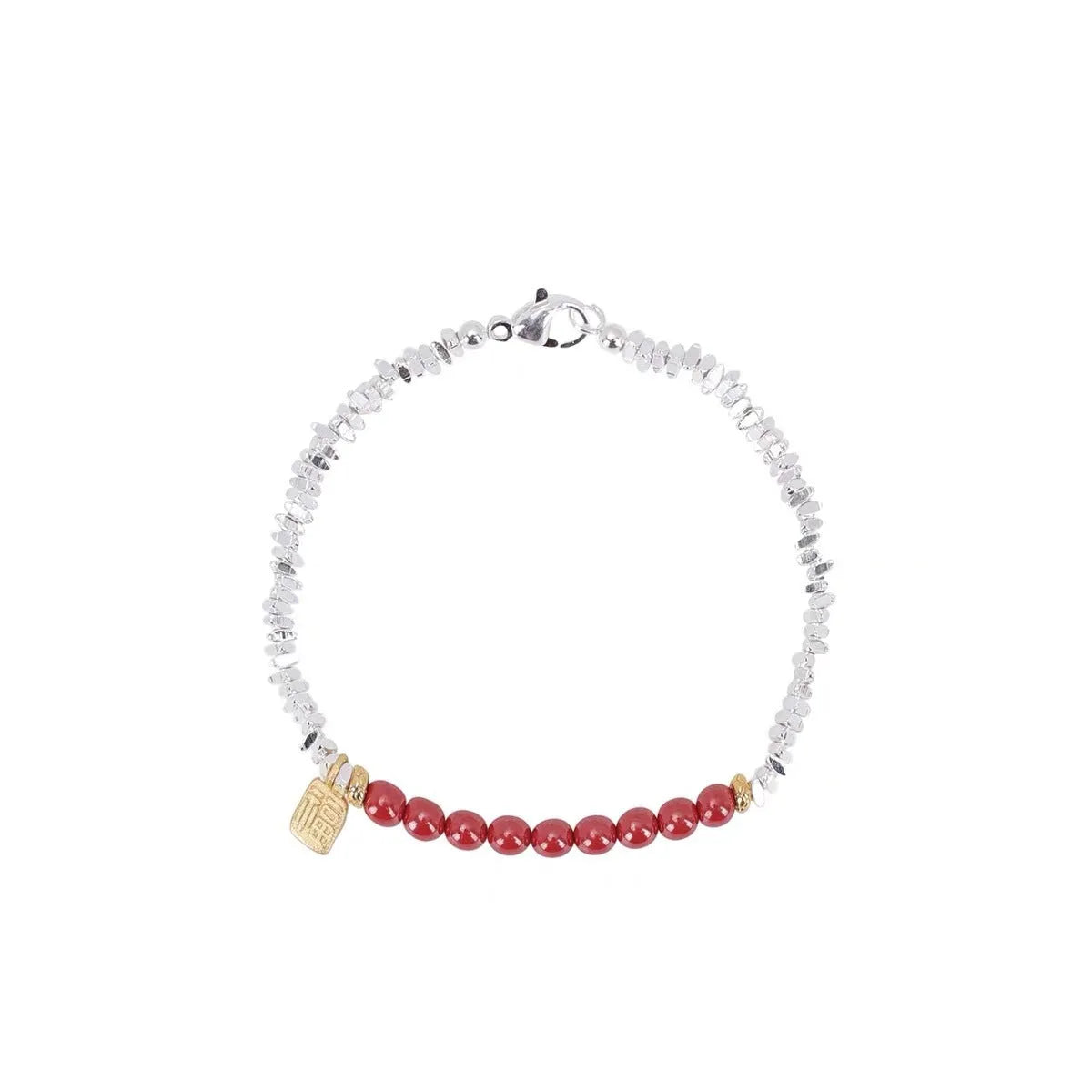 Silver lucky beads couple bracelet with geometric round beads and white K electroplated finish