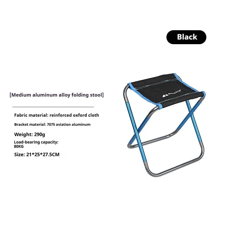 Black aluminium alloy folding camping stool in folded and unfolded positions