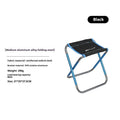 Black aluminium alloy folding camping stool in folded and unfolded positions