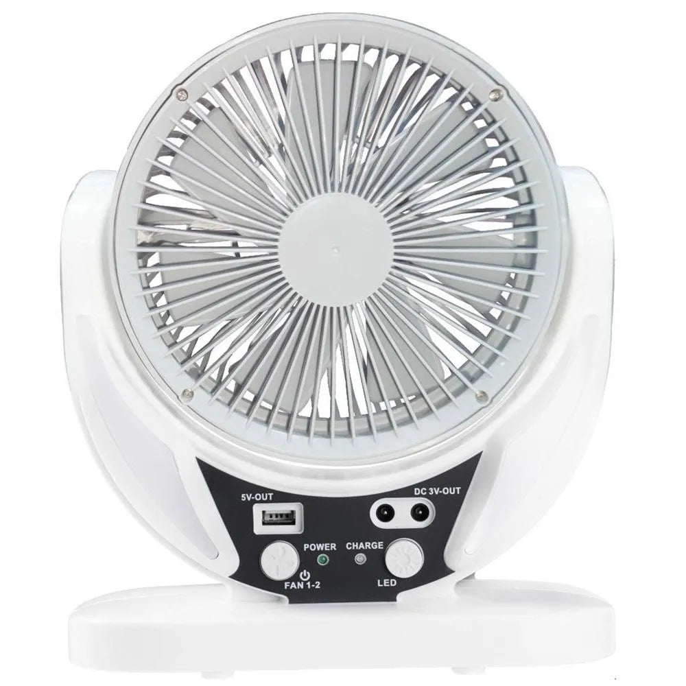 Solar charging emergency fan with LED lighting, 6-inch blade, white housing, and solar panel