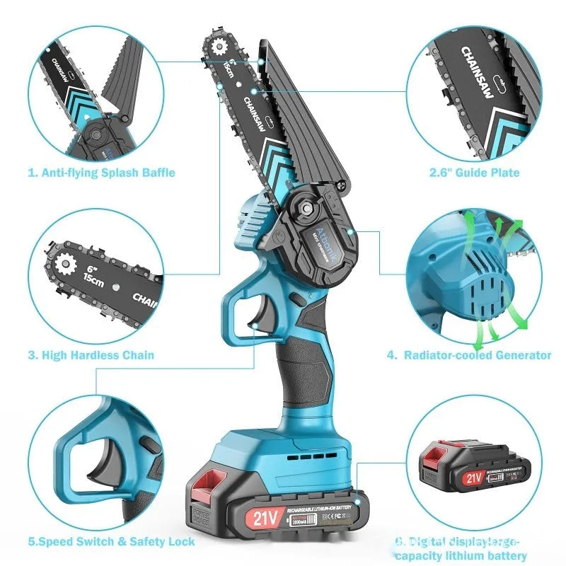 Handheld electric chainsaw with 6-inch chain, two batteries, safety goggles, gloves, and storage box