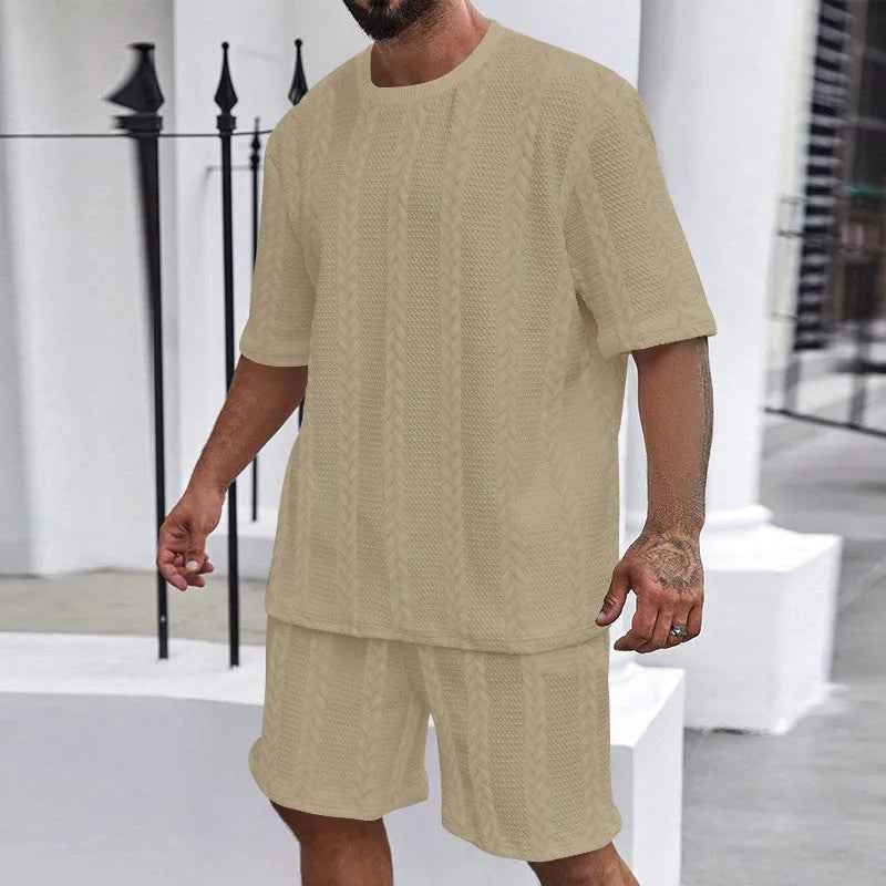 Men's knitted polyester summer set with round neck pullover and matching shorts in solid colour options