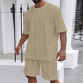 Men's knitted polyester summer set with round neck pullover and matching shorts in solid colour options