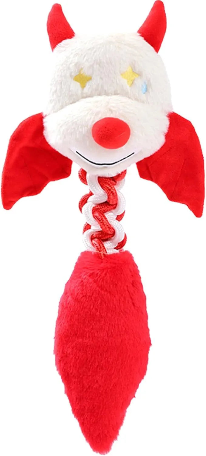 Plush cartoon dog toy with rope knot, shown in assorted colours for large dogs.