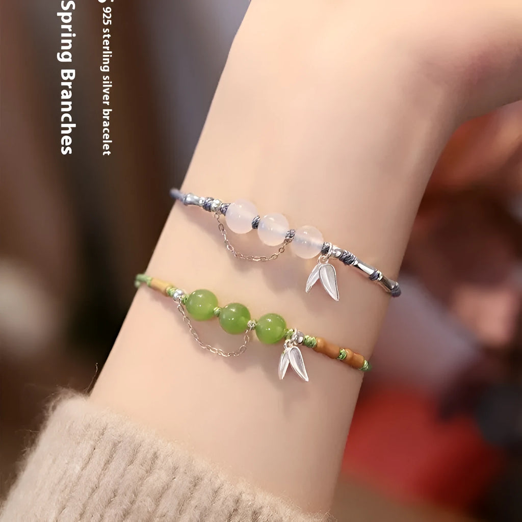 Hetian jade diamond-shaped bracelet with woven strap in light green or haze blue chalcedony
