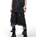 Blue hooded denim vest coat and matching trousers set on a model
