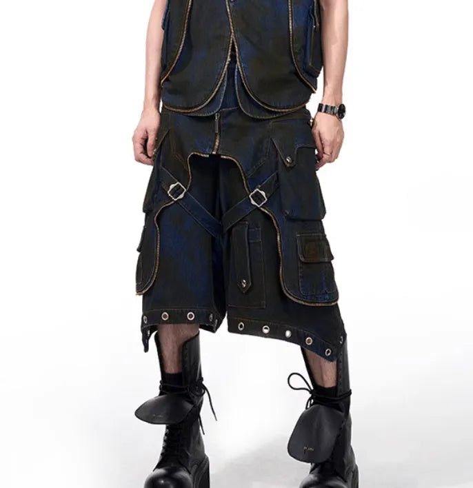 Blue hooded denim vest coat and matching trousers set on a model