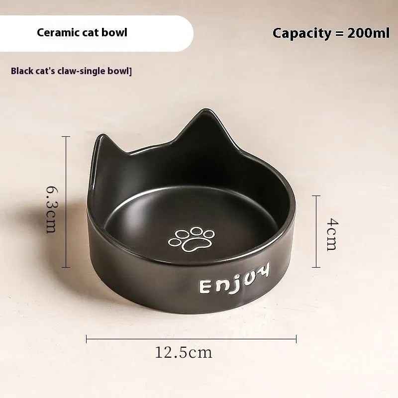 Porcelain cat bowls with wooden frame in cat ear paw design