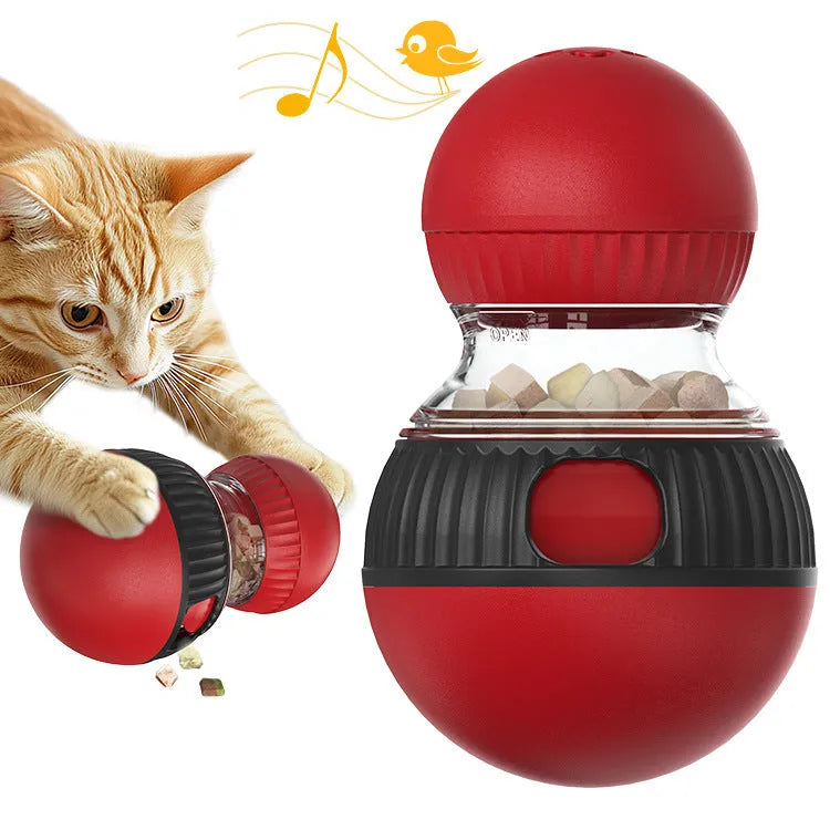 Rotating plastic cat toy with Super Ball colour, featuring a sound and treat-dropping ball.