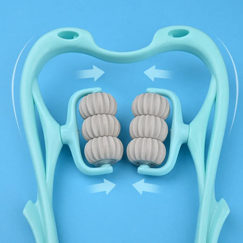 Blue plastic handheld massage roller with six wheels for neck, shoulder, and back muscle relief.