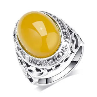 Fluorescent beeswax centrepiece geometric alloy ring with antique silver electroplated retro finish