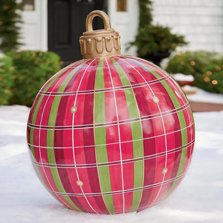 Large red and white striped inflatable PVC Christmas ball ornament with a 60cm diameter.