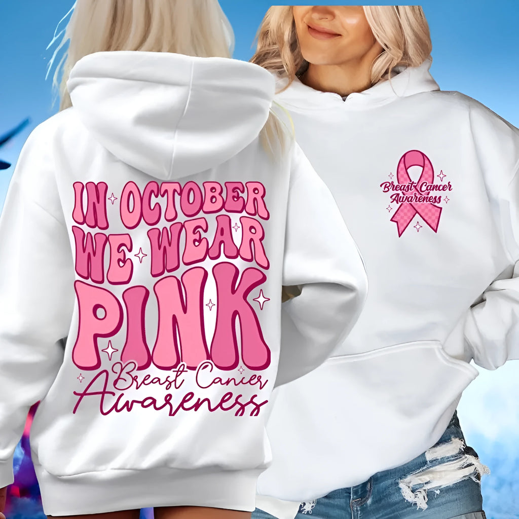 Pink Breast Cancer Awareness pullover hoodie with art retro design and a side seam pocket.