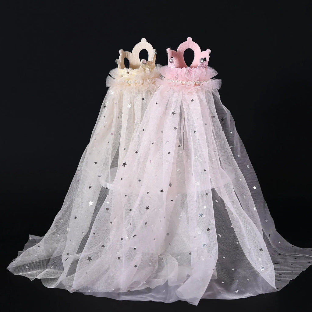 Pet princess crown headdress with veil in cotton polyester material, beige and pink colour options