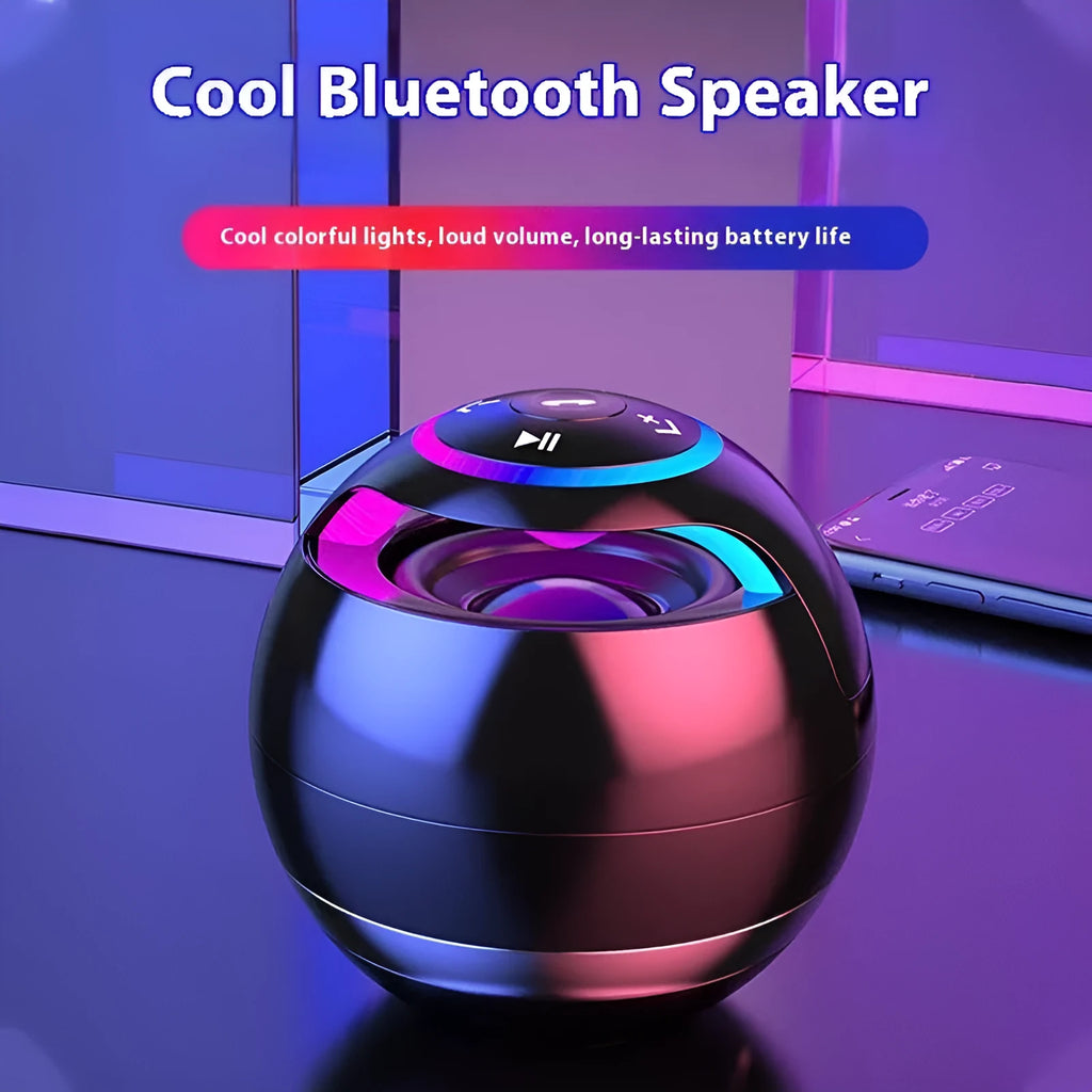 Mini Bluetooth speaker in black with dynamic bass boost and card insertion, suitable for portable outdoor use