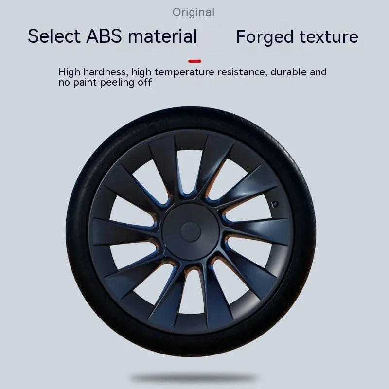 Set of four plastic wheel hub covers for a Tesla Model Y, showing black, white, red, and carbon fibre pattern options.