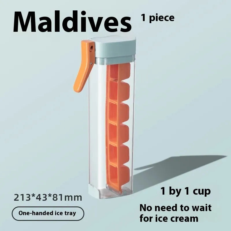 Food grade plastic ice cube tray with one-press release lever and storage box in Maldives blue or pearl white