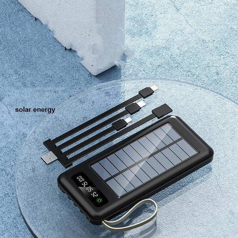 Solar power bank in black or white, showing its compact size and data cable.