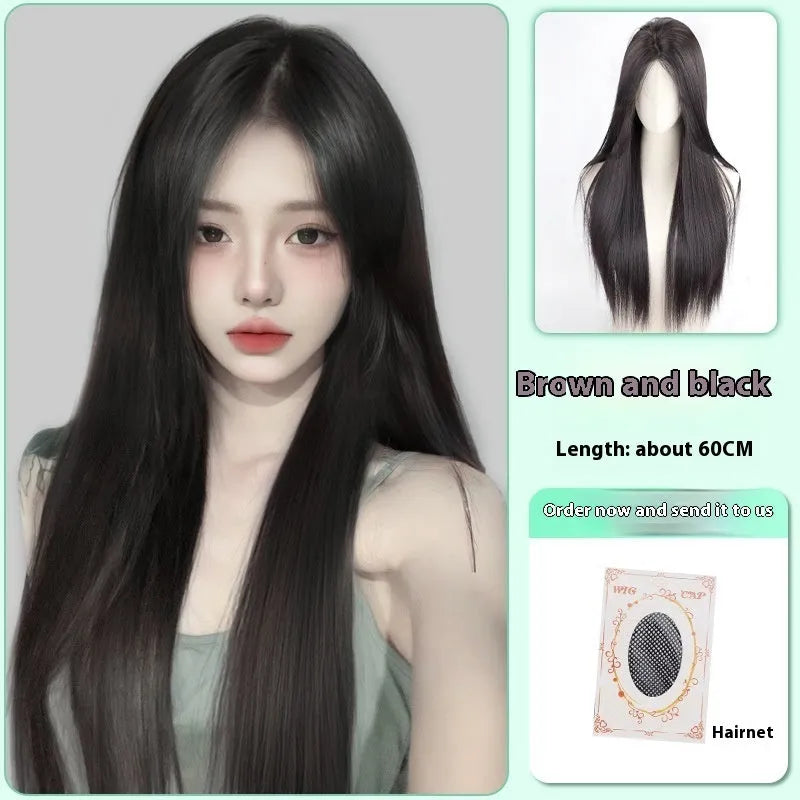 Full-head forehead lace wig in brown black colour with long straight synthetic hair