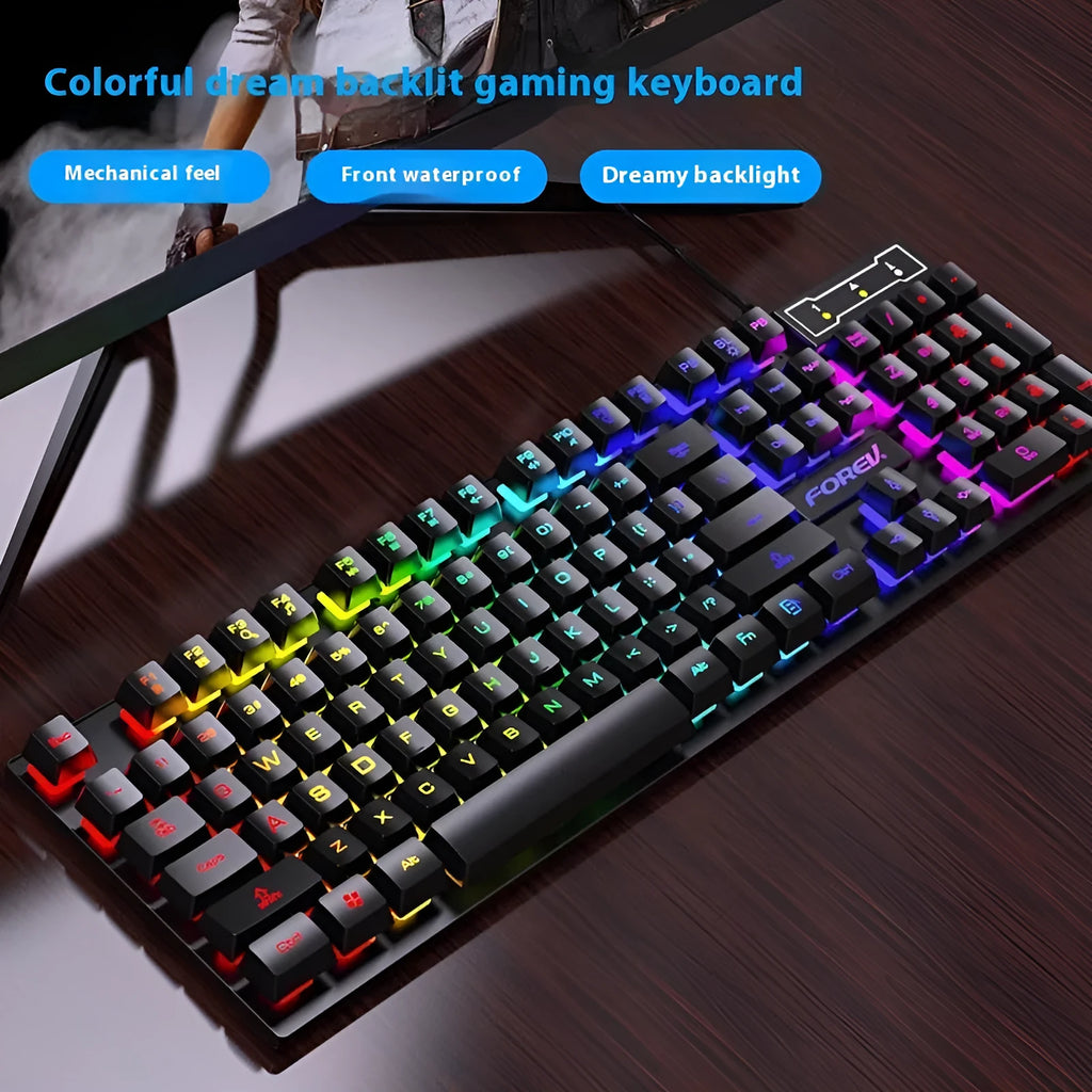 Black 104-key mechanical gaming keyboard with back lighting and matching mouse on desktop