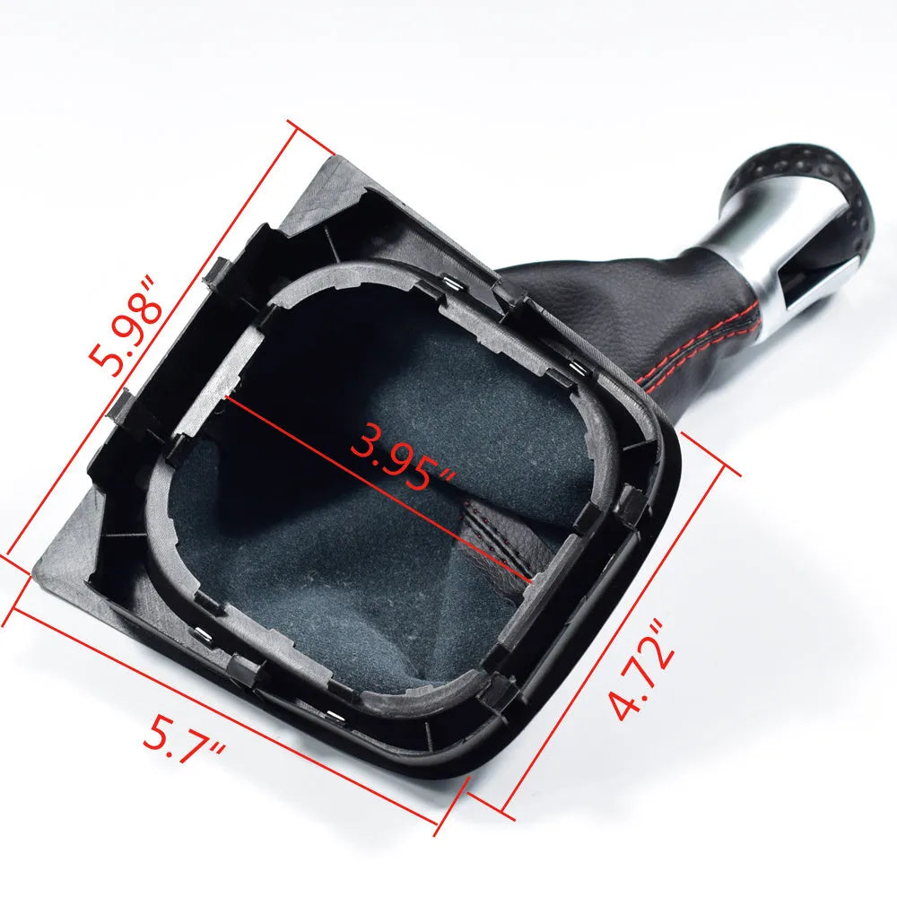 Leather gear shift knob with attached dust boot for Volkswagen Golf manual transmission.