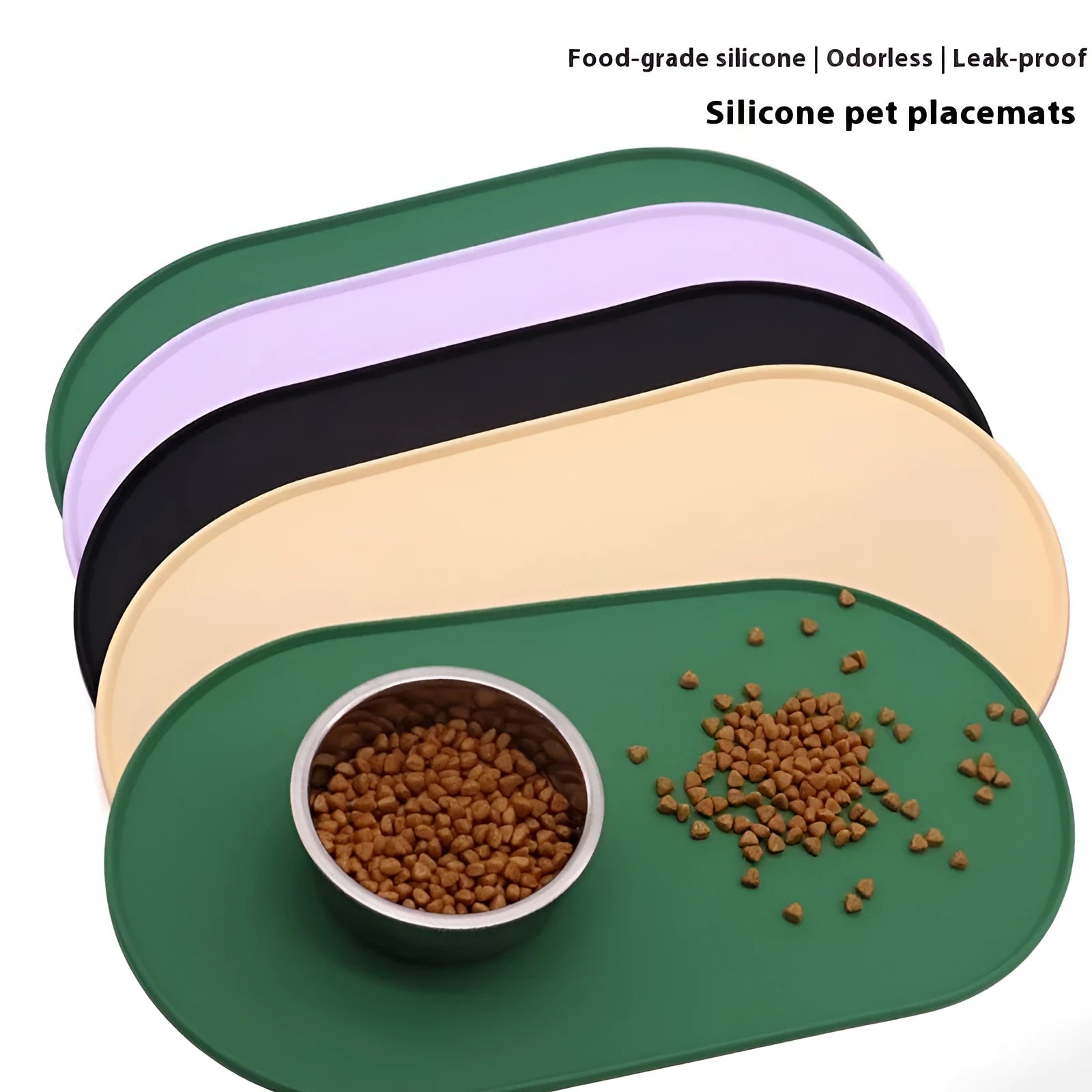 Silicone waterproof cat feeding placemat in beige colour on a wooden floor.