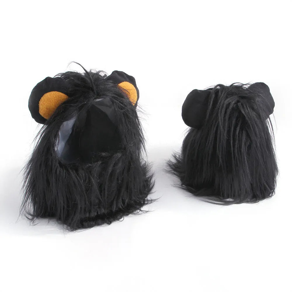 Black lion mane wig hat accessory on a cat's head with adjustable elastic strap