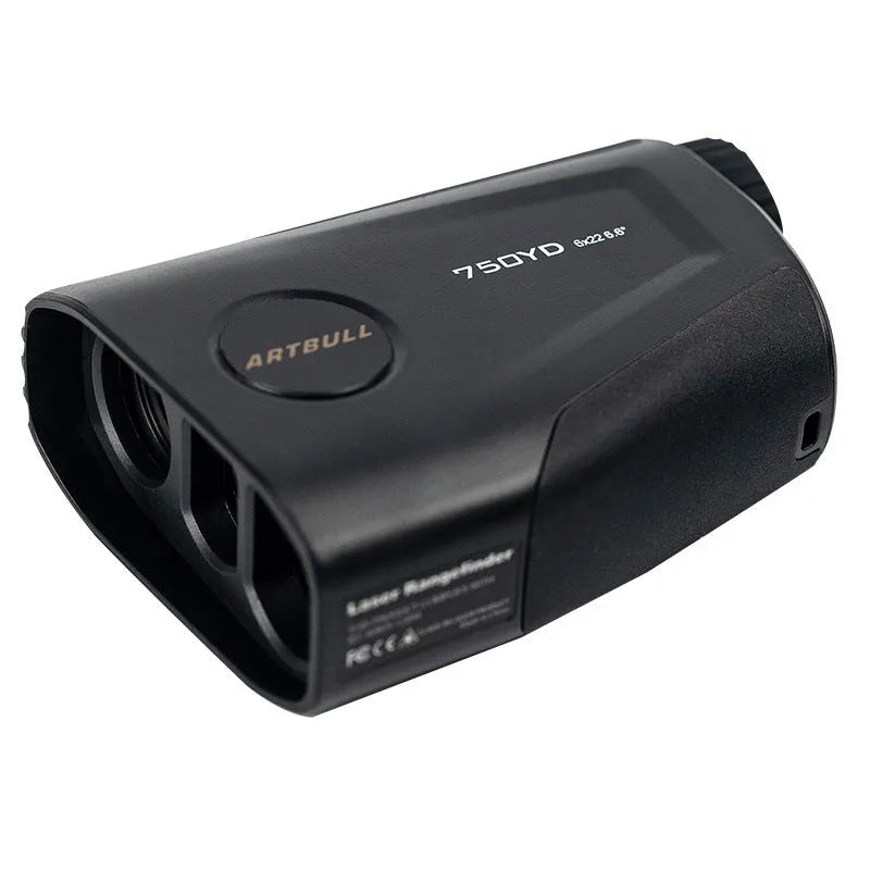 Golf laser rangefinder with LCD display showing distance measurement, featuring slope and flag lock functions.