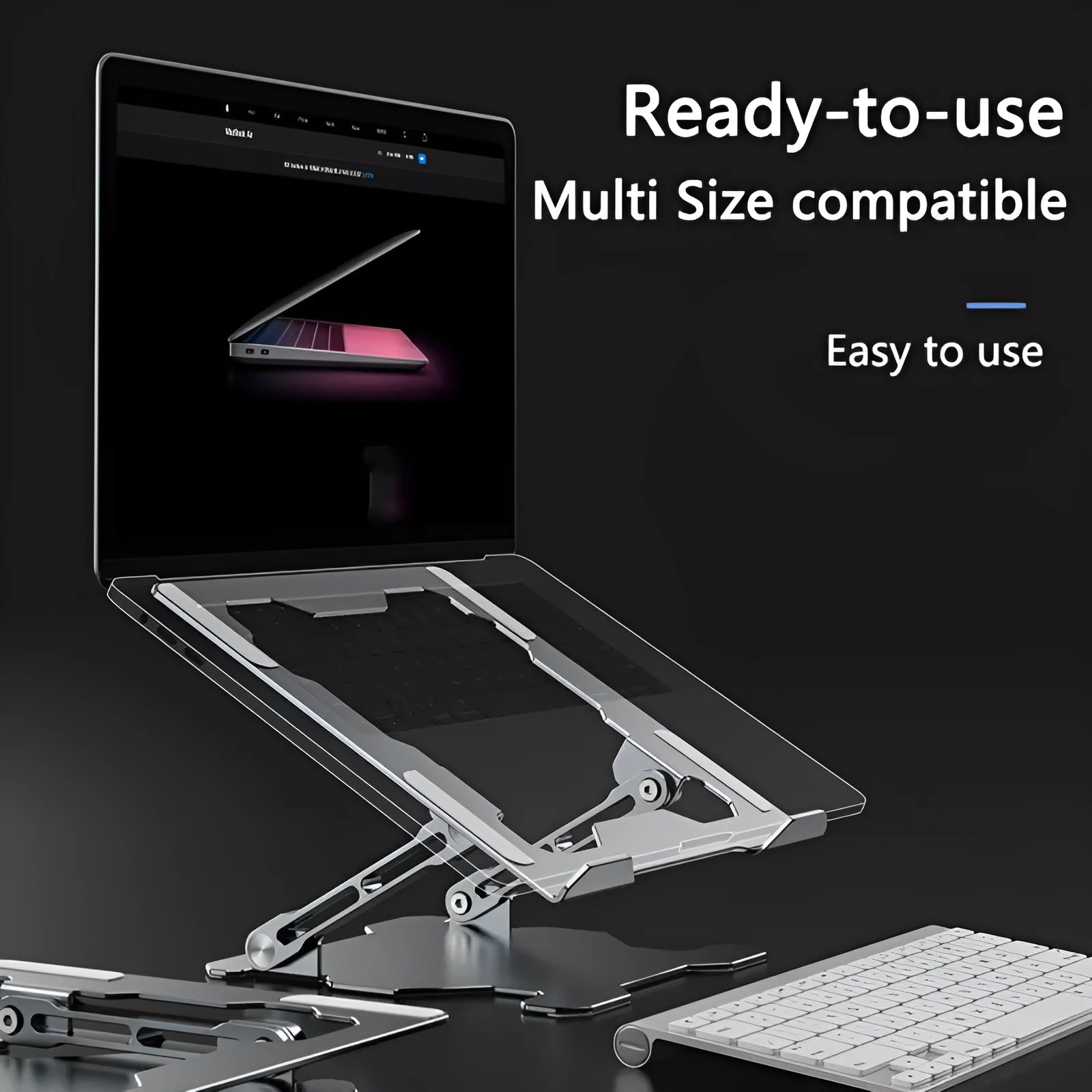 Grey portable aluminum laptop stand shown folded and in use with a silver laptop, demonstrating its adjustable angle.