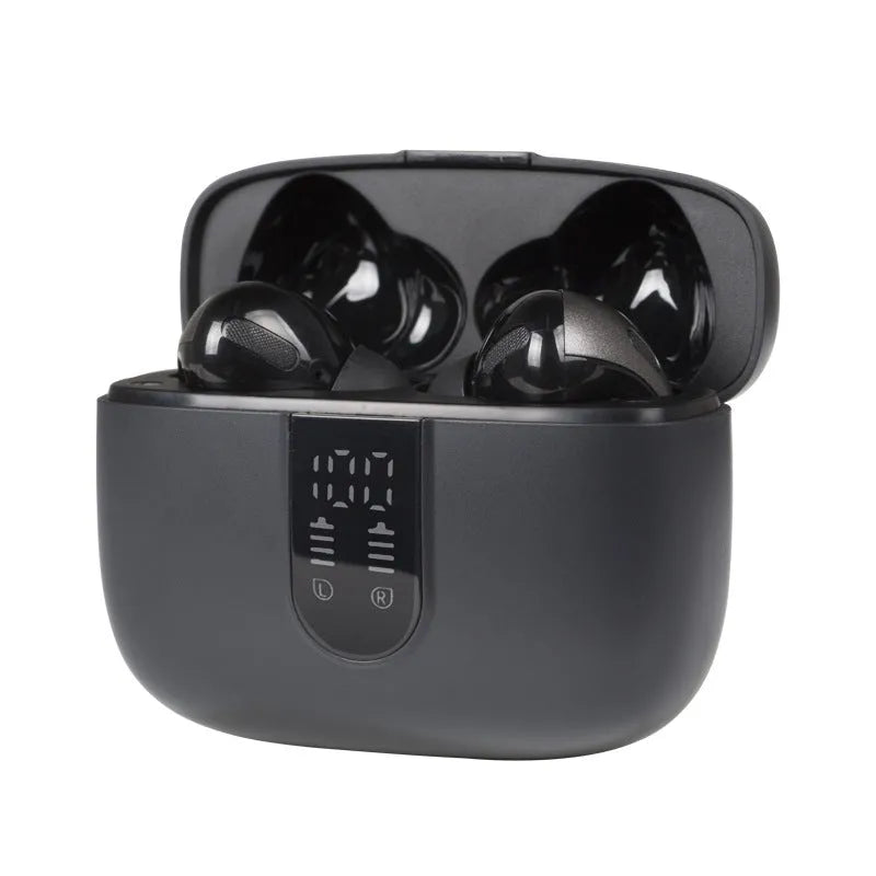 Jerry X08 wireless in-ear headphones with digital display and USB charging case in black, grey, or white.