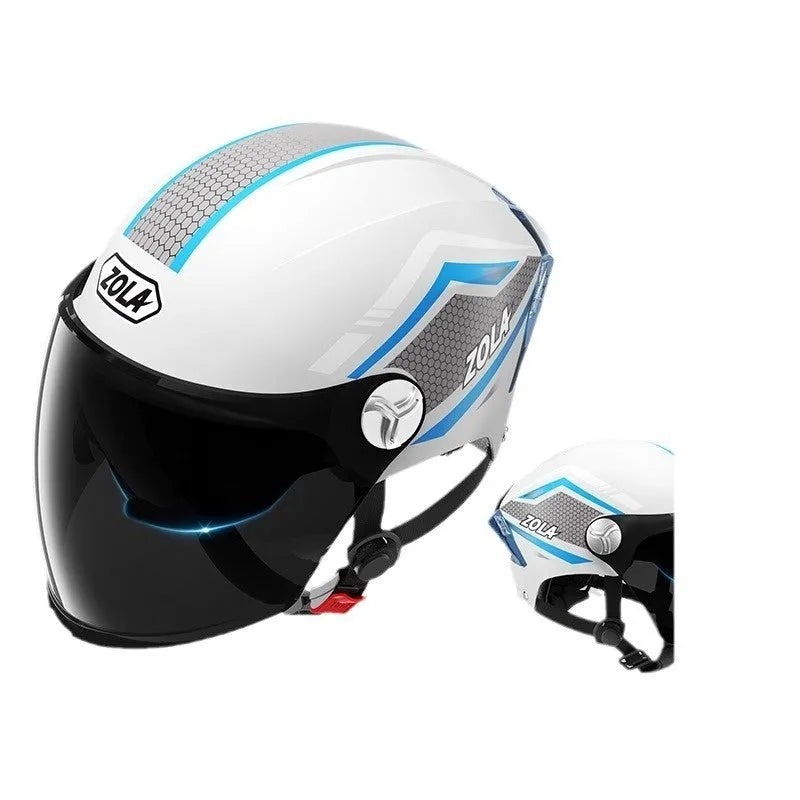 A battery-operated motorcycle half helmet with a double mirror visor in a light brown colour.