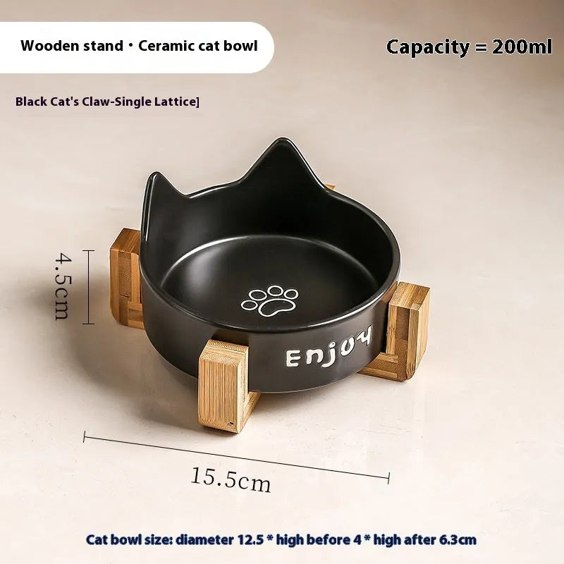 Porcelain cat bowls with wooden frame in cat ear paw design