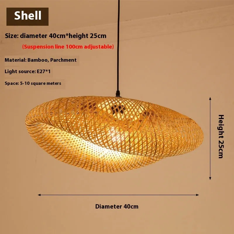 Chinese Zen style bamboo chandelier with a large 40cm diameter shell shade