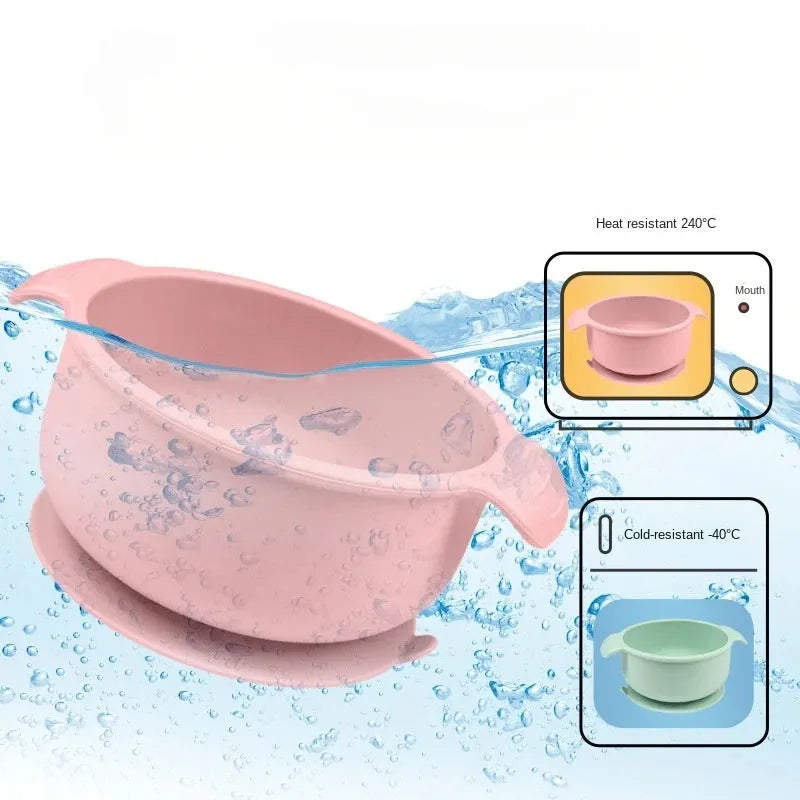 Silicone pet bowl with suction cups on a floor, shown in blue colour.