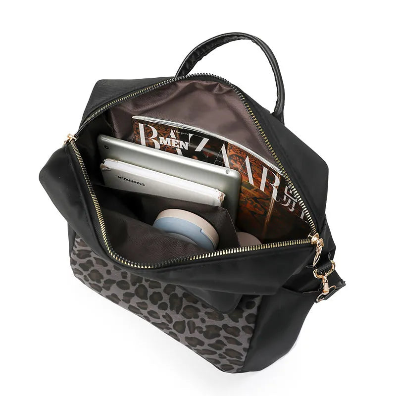 Leopard print women's large capacity nylon backpack in beige with stitching details