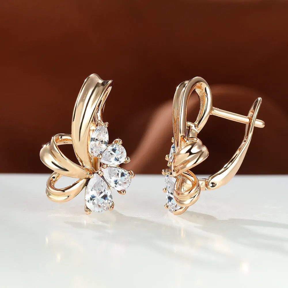 Champagne gold flower earrings with AB colourful crystal on copper, round shape studs for women
