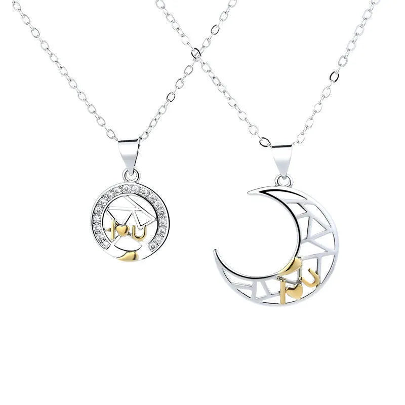 Copper sun and moon couple necklace with electroplated finish on a cross chain.