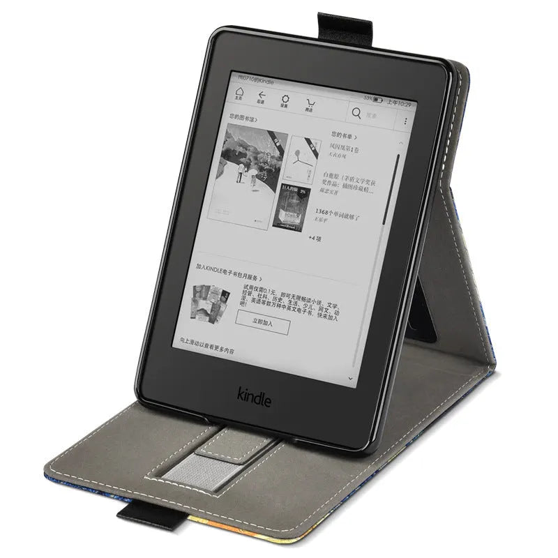 A 6-inch Kindle protective case in an embossed TPU material, shown in a Van Gogh starry sky design, with its folding bracket stand extended.