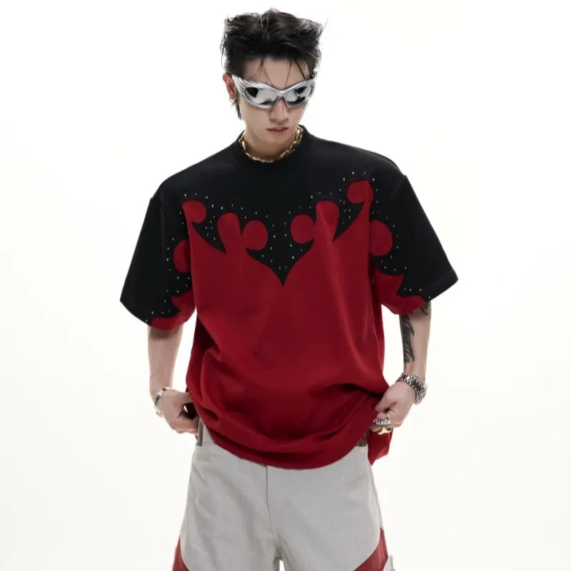 Men's grey cotton T-shirt with a 3D stitched flower and rhinestone design, showing drop-shoulder short sleeves.