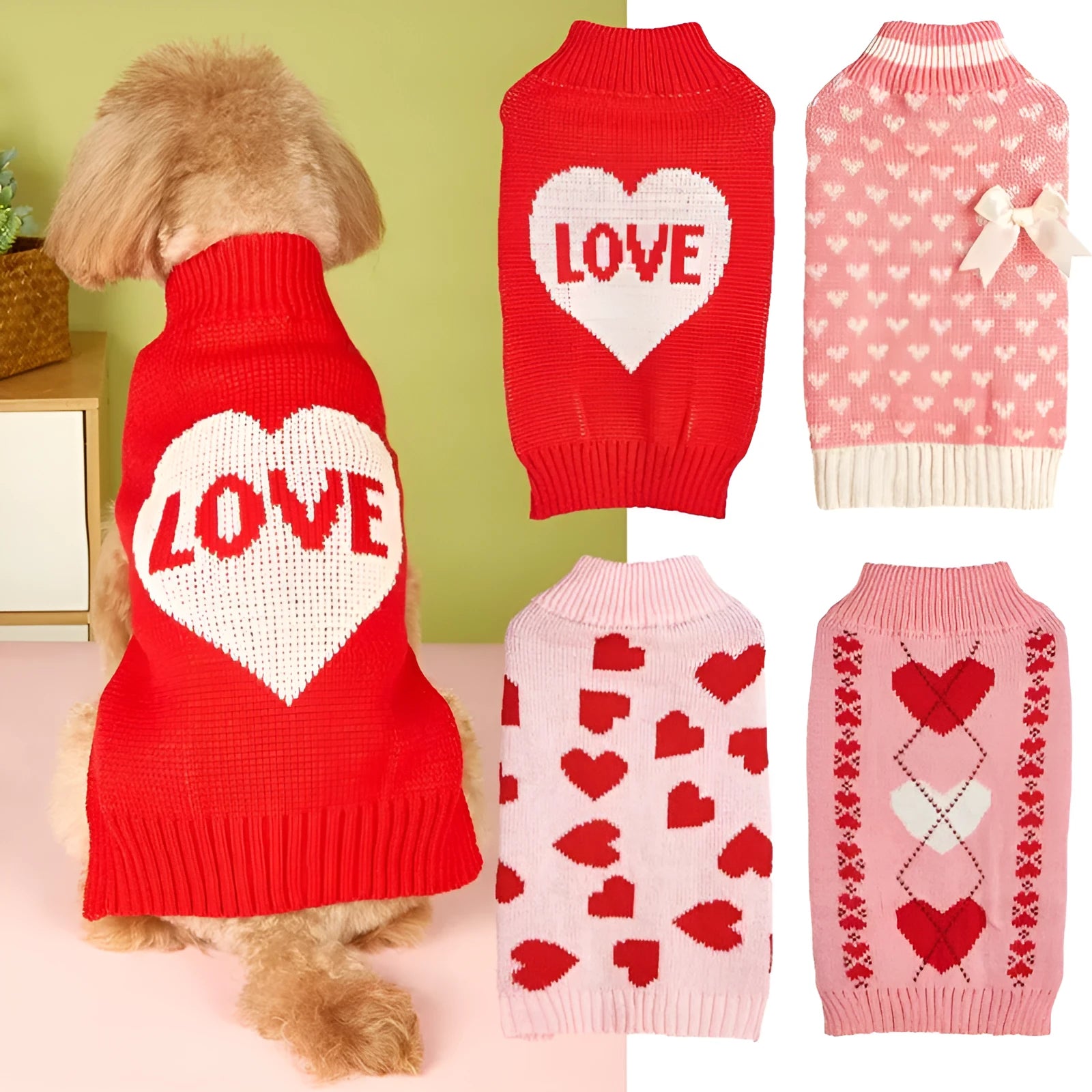 Red love heart design dog sweater on a small dog, showing acrylic knit and appliqué detail.