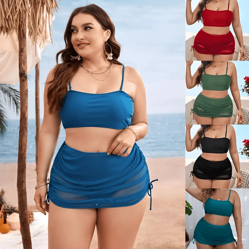 Women's solid colour mesh bikini three-piece set showing top, underwear, and apron.