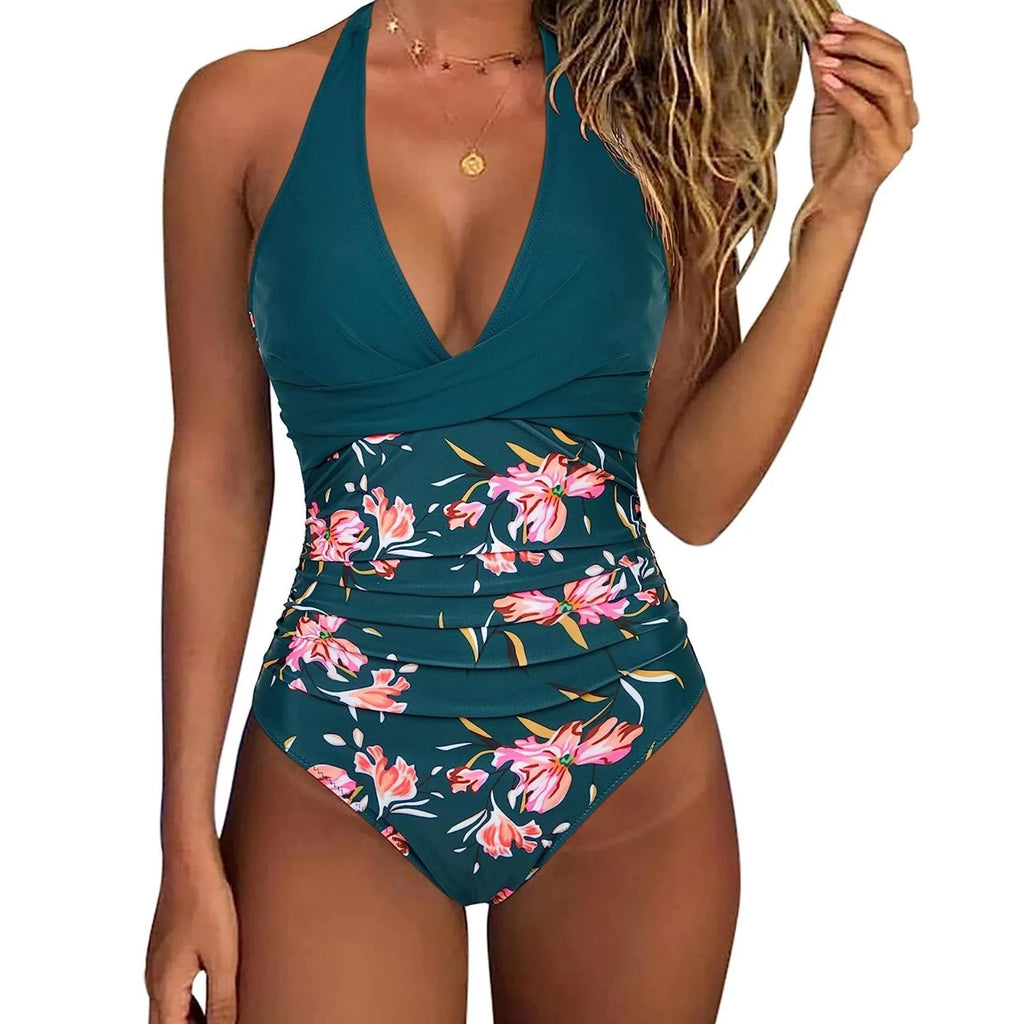 Women's printed bikini swimsuit with a lace-up front and backless gathered design in a floral pattern.