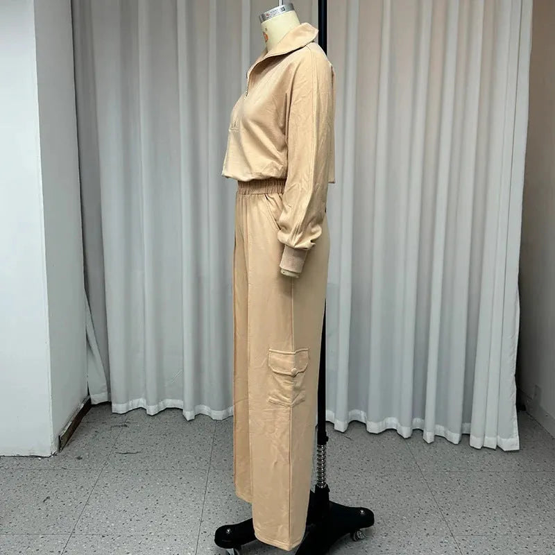 Women's light camel polyester two-piece set showing lapel top and wide leg pants