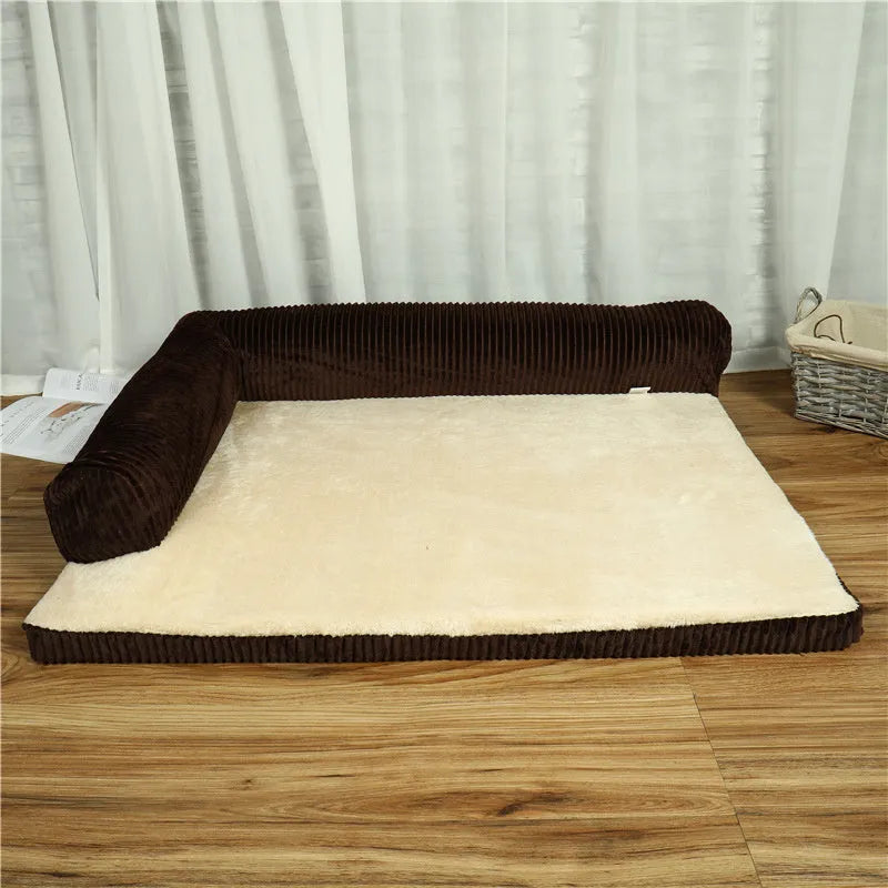Corduroy bolster dog bed in grey colour with a non-slip base, shown in a large size for big dogs.