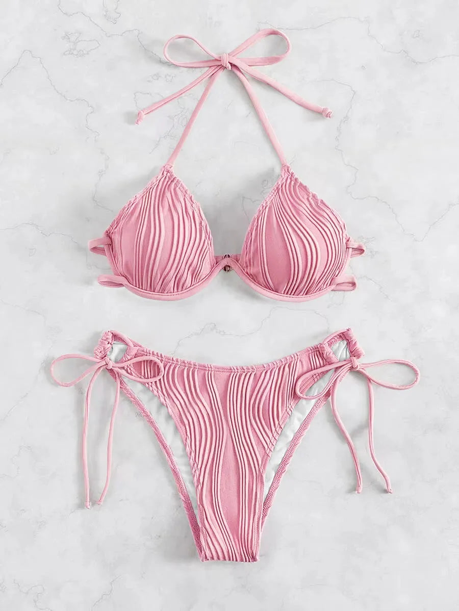 Women's steel bracket underwire bikini swimsuit in polyester fabric available in nine colours