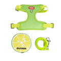 Green anti-slip pet harness and backpack set for a small dog on a pink background