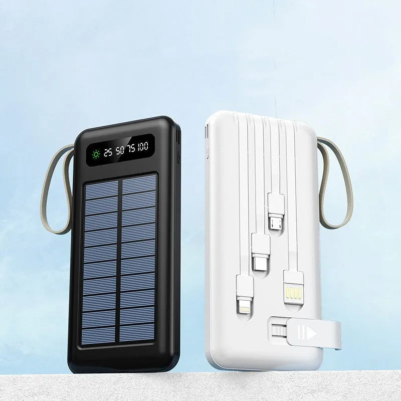 Solar power bank in black or white, showing its compact size and data cable.